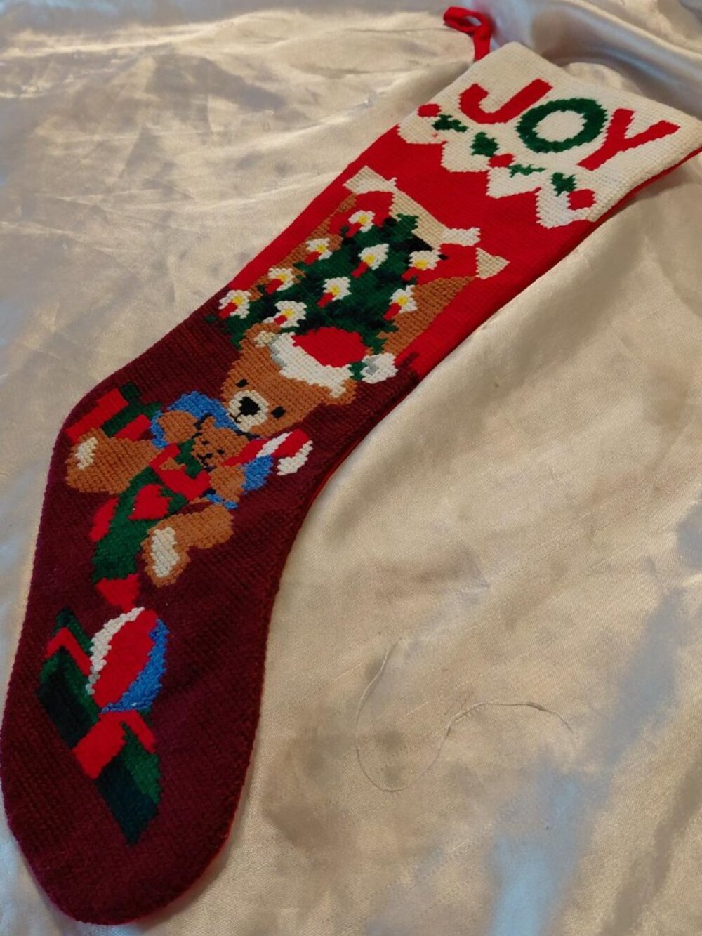 NWOT Needlepoint  Wool Front /Cotton Back  Joy Christmas Stocking